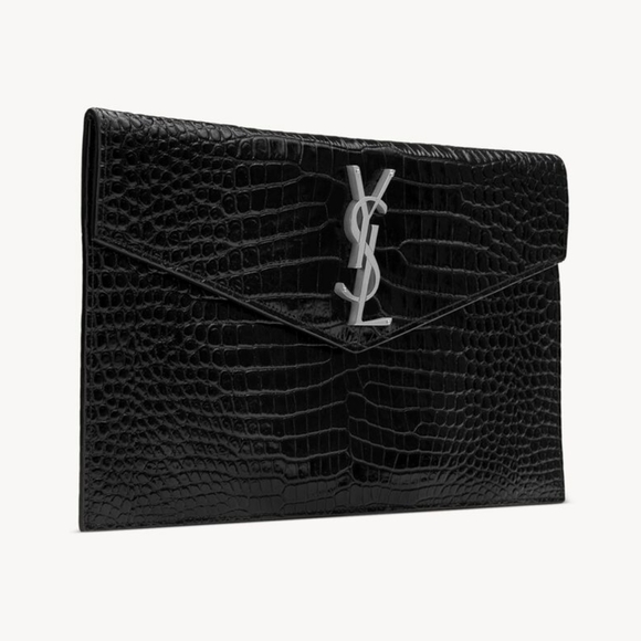 BNIB! SAINT LAURENT YSL Crocodile Embossed Calfskin Uptown Monogram Clutch Black - Picture 5 of 15